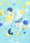  1girl blue_background blue_eyes blue_hair bow bubble cat cherry crop_top dress dress_bow feet food frilled_dress frills fruit holding holding_food holding_fruit ice ice_cube kiwi_slice lemon lemon_slice mandarin_orange open_mouth orange_(fruit) orange_slice original seuga short_hair striped thighs underwater white_bow white_dress yellow_bow 