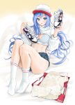  1girl blue_eyes blue_hair box breasts chaesu cleavage crop_top denim denim_shorts full_body hat highres holding holding_shoes knees_up legs long_hair medium_breasts minah_(chaesu) no_shoes original parted_lips shoelaces shoes shorts sitting smile sneakers socks solo thighs wavy_hair 