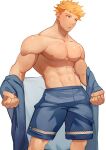  1boy abs bangs bara bare_pectorals blonde_hair blue_shorts clenched_hands granblue_fantasy green_eyes hidora_art highres large_pectorals looking_to_the_side male_focus muscular muscular_male navel nipples open_clothes pectorals short_hair shorts simple_background solo sweat vane_(granblue_fantasy) white_background 