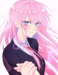  1girl absurdres black_sweater blue_eyes close-up collared_shirt hair_between_eyes highres holding_hands kawaii_dake_ja_nai_shikimori-san key_visual long_hair looking_at_viewer official_art pink_hair promotional_art school_uniform shikimori_(kawaii_dake_ja_nai) shirt solo sweater upper_body white_shirt 