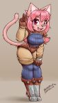  anthro blasticussaturn boots bottomwear clothing felid feline female footwear fur gesture gloves hair handwear hi_res looking_at_viewer mammal metal_plates open_mouth pink_body pink_eyes pink_fur pink_hair shorts signature simple_background smile solo tiptoes v_sign 