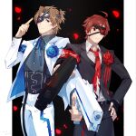  2boys ahoge armband belt black_suit blue_eyes brown_hair eyepatch facial_hair falling_petals fingerless_gloves flower formal gloves goatee goya_(xalbino) gun hand_on_hip highres idolmaster idolmaster_side-m jacket long_hair looking_at_viewer male_focus multiple_boys mustache necktie petals pointing_gun red_eyes red_hair ribbon rose simple_background smile suit tendo_teru weapon white_suit yamashita_jiro 