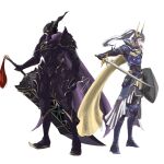  2boys armor black_armor blue_armor cape clawed_gauntlets crazy02oekaki fake_horns final_fantasy full_body glowing glowing_eyes greatsword grey_hair helmet highres horned_headwear horned_helmet horns huge_weapon jack_garland male_focus multiple_boys purple_cape shield shoulder_spikes simple_background spikes standing stranger_of_paradise:_final_fantasy_origin sword warrior_of_light weapon 