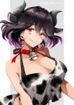  1girl animal_ears animal_print bare_shoulders bell black_hair black_horns black_shorts breasts cleavage collar collarbone cow_ears cow_print crop_top crop_top_overhang demon_girl demon_horns fake_animal_ears grey_background horns kinsou_no_vermeil large_breasts looking_at_viewer medium_hair multicolored_hair neck_bell official_art parted_lips pointy_ears purple_hair red_collar red_eyes shorts simple_background smile two-tone_hair upper_body vermeil_(kinsou_no_vermeil) white_background white_shorts youko_(santarose) 