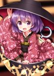  1girl black_headwear blush bowl bowl_hat hair_between_eyes hat highres japanese_clothes kimono long_sleeves needle needle_sword obi open_mouth pink_kimono purple_eyes purple_hair ruu_(tksymkw) sash short_hair smile solo sukuna_shinmyoumaru touhou wide_sleeves 