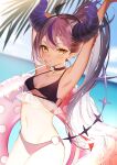  1girl absurdres ahoge armpits bangs blush braid breasts demon_horns hair_between_eyes hair_ornament hairclip highres hololive horns kuma_daigorou la+_darknesss long_hair looking_at_viewer multicolored_hair navel o-ring o-ring_bottom ocean pointy_ears purple_hair small_breasts solo streaked_hair striped_horns swimsuit tail very_long_hair virtual_youtuber yellow_eyes 