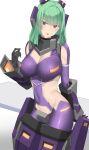  1girl :p absurdres bangs black_gloves blunt_bangs blush breasts cleavage_cutout clothing_cutout commentary_request cosmic_break frau_adone gloves green_hair headgear highres hime_cut large_breasts long_hair looking_at_viewer mecha_musume pallad partial_commentary purple_eyes simple_background solo tongue tongue_out white_background 