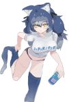  1girl animal_ear_fluff animal_ears blue_hair dire_wolf_(kemono_friends) drink highres kemono_friends kemono_friends_v_project kneehighs kunikuni_(kunihiro2005) long_hair looking_at_viewer ribbon shirt shorts simple_background socks solo twintails virtual_youtuber white_background wolf_ears wolf_girl yellow_eyes 