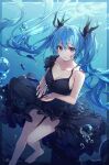  1girl absurdres bangs bare_legs bare_shoulders barefoot black_dress black_ribbon blue_eyes blue_hair breasts bubble cleavage collarbone commentary dangmyo dress fish floating_hair frilled_dress frills hair_between_eyes hair_ribbon hatsune_miku highres long_hair looking_at_viewer medium_breasts parted_lips ribbon shinkai_shoujo_(vocaloid) sleeveless sleeveless_dress solo submerged toes twintails underwater very_long_hair vocaloid 