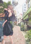  1girl awning bangs bare_shoulders black_dress blue_eyes blush brown_hair building city dress hand_up highres long_hair looking_at_viewer original outdoors parted_lips plant road scenery sena_(illust_sena) shop short_sleeves smile solo standing street utility_pole 