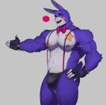  2022 5_fingers anthro biceps bow_tie bracelet bulge claws clothing detailed_bulge digital_media_(artwork) ear_piercing ear_ring fingerless_gloves fingers five_nights_at_freddy&#039;s five_nights_at_freddy&#039;s:_security_breach fur glamrock_bonnie_(fnaf) gloves hand_on_hip handwear hi_res jewelry jockstrap kato200_0 lagomorph leporid long_ears male mammal multicolored_body multicolored_fur muscular muscular_anthro muscular_male nipples open_mouth piercing rabbit ring_piercing scottgames simple_background solo speech_bubble spiked_bracelet spikes straps tattoo teeth tongue two_tone_body two_tone_fur underwear video_games 