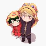 2boys :&lt; bakugou_katsuki blonde_hair blush_stickers boku_no_hero_academia chestnut_mouth chibi chinese_clothes chinese_new_year commentary freckles furrowed_brow green_eyes green_hair hair_between_eyes hand_on_headwear highres kneeling lion_dance looking_at_viewer male_focus meltnotmelt midoriya_izuku multiple_boys red_eyes shadow short_hair simple_background spiked_hair twitter_username v-shaped_eyebrows white_background 