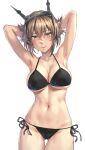  1girl armpits arms_behind_head bikini black_bikini blush breasts brown_hair cleavage closed_mouth collarbone commission green_eyes headgear highres kantai_collection kokuzou large_breasts looking_at_viewer mutsu_(kancolle) navel short_hair side-tie_bikini simple_background skeb_commission smile solo swimsuit upper_body white_background 