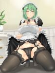  1girl absurdres alternate_breast_size alternate_costume apron bangs black_dress black_panties black_thighhighs breasts chest_tattoo clothes_lift detached_collar dress dress_lift enmaided frilled_dress frills from_below full_body garter_belt garter_straps gloves green_hair groin highres hikage_(senran_kagura) huge_breasts indoors leg_tattoo lifted_by_self lips maid maid_apron maid_headdress navel neck_ribbon panties parted_lips plunging_neckline puffy_short_sleeves puffy_sleeves ribbon senran_kagura short_sleeves sidelocks slit_pupils solo spread_legs squatting stomach tattoo thighhighs underwear white_apron white_gloves wing_collar yellow_eyes zib_(boriku) 
