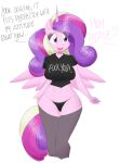  absurd_res anthro anthrofied black_clothing black_panties black_underwear bottomwear clothing english_text equid equine female flutterthrash friendship_is_magic hair hasbro hi_res horn leggings legwear mammal mature_anthro mature_female multicolored_hair multicolored_tail my_little_pony open_mouth panties pink_body pink_skin princess_cadance_(mlp) purple_eyes shirt solo text topwear underwear winged_unicorn wings 