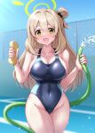  1girl :d ahoge alternate_costume blue_archive blue_sky blurry blurry_background blush breasts chain-link_fence cleavage collarbone competition_swimsuit covered_navel cowboy_shot day depth_of_field fence green_eyes groin highleg highleg_swimsuit hiraga_daidai holding hose large_breasts long_hair looking_at_viewer nonomi_(blue_archive) one-piece_swimsuit open_mouth outdoors pool poolside sky smile solo sparkle swimsuit water wet 