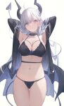  1girl armpits arms_up ass_visible_through_thighs bat_wings black_panties breasts choker cleavage collar commentary demon_girl demon_horns demon_tail demon_wings grey_eyes hair_lift hair_on_horn hands_in_hair highres horns large_breasts lingerie long_hair looking_at_viewer navel nekojira original panties pointy_ears revision simple_background solo tail thea_(nekojira) underwear very_long_hair white_background white_hair wings 