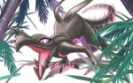  all_fours commentary_request fangs fire lizard mukiguri no_humans open_mouth pink_eyes pink_fire pokemon pokemon_(creature) purple_eyes salazzle solo tongue tree 