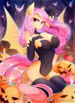  absurd_res armwear bat_pony blue_eyes breasts cleavage clothed clothing elbow_gloves equid flutterbat_(mlp) fluttershy_(mlp) friendship_is_magic gloves hair handwear hasbro hi_res kneeling koveliana legwear leotard mammal membrane_(anatomy) membranous_wings my_little_pony pink_hair smile solo stockings wings 