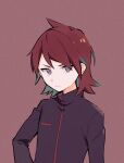  1boy bangs closed_mouth commentary_request cowlick film_grain grey_eyes jacket male_focus medium_hair pokemon pokemon_(game) pokemon_hgss purple_jacket red_background red_hair shyh_yue silver_(pokemon) solo upper_body 