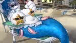  7:4 absurd_res ambiguous_gender beach beverage beverage_can big_breasts blue_body blue_skin breasts chubby_female eyewear eyewear_only female feral genitals group hi_res holding_object huge_breasts lying navel nintendo nude on_back palm_tree pink_nose plant pok&eacute;mon pok&eacute;mon_(species) primarina pussy sand seaside size_difference slightly_chubby smile staryu sunglasses sunglasses_only teeth tree trio video_games white_body white_skin zubuzz 