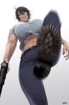 1girl abs ahoge belt black_belt black_footwear black_hair blurry blurry_foreground boots breasts chequita denim from_below green_eyes gun hair_between_eyes handgun highres holding holding_gun holding_weapon imminent_kick imminent_stomping jeans jewelry jormungand large_breasts looking_at_viewer midriff muscular muscular_female navel necklace pants shirt short_hair signature smile solo standing standing_on_one_leg sunsirou weapon white_background white_shirt 