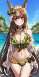  1girl absurdres animal_ears bangs bare_shoulders bikini bikini_under_clothes black_bow black_choker blurry blurry_background blush bow breasts brown_eyes brown_hair choker cleavage day ear_ornament ear_ribbon frilled_bikini frills gem green_gemstone groin hand_on_own_chest hand_up highres horse_ears horse_girl jewelry kudou_(sikisiki0000) large_breasts looking_at_viewer mole mole_on_breast mole_on_thigh navel necklace ocean off_shoulder open_clothes open_shirt outdoors parted_lips pendant ring satono_diamond_(umamusume) see-through see-through_shirt shirt sitting sleeves_past_wrists solo stomach swimsuit thighs two-tone_bikini umamusume wet wet_clothes wet_shirt white_shirt 