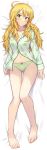  1girl absurdres ahoge bare_legs barefoot blonde_hair breasts cleavage commentary_request dakimakura_(medium) green_eyes green_pajamas green_panties highres hoshii_miki idolmaster incredibly_absurdres large_breasts long_hair long_sleeves looking_at_viewer lying navel on_back on_bed pajamas panties shuucream_(syuichi) solo unbuttoned unbuttoned_shirt underwear white_background 