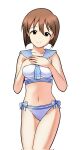  1girl bangs blue_bow blue_neckerchief blue_sailor_collar bow breasts brown_eyes brown_hair collarbone cowboy_shot dot_nose hagiwara_yukiho hair_between_eyes hands_on_own_chest highres idolmaster idolmaster_(classic) legs looking_at_viewer medium_breasts navel neckerchief r_difficile sailor_collar sailor_swimsuit_(idolmaster) short_hair smile solo stomach swimsuit thighs white_background white_swimsuit 