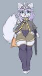  absurd_res anthro armor blue_eyes bottomwear bulge canid canine cape cloak clothing collar footwear fur girly headgear hi_res knee_highs knee_socks legwear male mammal pauldron satchel shorts simple_background socks solo toeless_footwear toeless_socks weapon white_body white_fur 