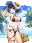  2girls absurdres arm_behind_head arm_up armpits basket beach bikini black_bikini blue_bow blue_bowtie blue_eyes blue_hair blue_sky bow bowtie breasts cleavage closed_mouth day drawstring floating_hair flower gawr_gura hair_intakes hat hat_flower highres holding holding_basket hololive hololive_english jacket large_breasts letterboxed multi-strapped_bikini multiple_girls navel ocean ouro_kronii outdoors picnic_basket see-through see-through_jacket short_hair side-tie_bikini skl sky smile solo_focus stomach straw_hat striped striped_bikini sun_hat sunflower sunlight swimsuit thigh_strap virtual_youtuber wet white_jacket 