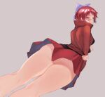  1girl ass ass_focus bangs black_shirt blue_bow blush bottomless bow cloak commentary_request dutch_angle feet_out_of_frame grey_background hair_bow highres long_sleeves looking_at_viewer looking_back open_mouth red_cloak red_eyes red_hair sekibanki shirt short_hair simple_background solo swept_bangs touhou wiaxixia 