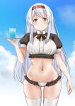  1girl alternate_costume bikini blue_sky breasts brown_eyes cloud cowboy_shot cup drinking_glass headband highres holding holding_tray kantai_collection koru_pera large_breasts long_hair maid_bikini red_headband short_sleeves shoukaku_(kancolle) shrug_(clothing) sky smile solo standing swimsuit thighhighs tray white_hair white_thighhighs 