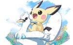  :d cloud commentary_request day flower from_below happy holding mukiguri no_humans open_mouth outdoors pichu pokemon pokemon_(creature) sitting sky smile solo swanna themed_object tongue 