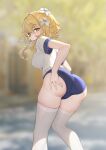  1girl absurdres ass blonde_hair blue_buruma blurry blurry_background breasts buruma feet_out_of_frame flower genshin_impact hair_flower hair_ornament highres leaning_forward looking_at_viewer looking_back lumine_(genshin_impact) medium_breasts outdoors parted_lips saw272 shirt short_hair_with_long_locks sidelocks solo t-shirt thighhighs thighs white_flower white_shirt white_thighhighs yellow_eyes 