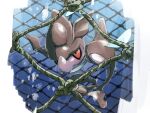  animal_focus blurry border commentary_request knot mukiguri net no_humans pokemon pokemon_(creature) red_eyes rope skrelp solo underwater white_border 