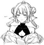  1girl black_bodysuit blush bodysuit breasts cleavage cleavage_cutout clothing_cutout double_bun finana_ryugu fish_girl hair_bun halterneck head_fins highres japanese_clothes kimono long_hair monochrome nijisanji nijisanji_en off_shoulder official_alternate_costume small_breasts smile smug solo tiara twintails upper_body virtual_youtuber white_kimono zhuotian 