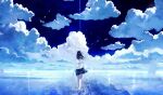  1girl artist_request bare_legs barefoot black_hair cloud from_behind full_body long_hair non-web_source original road ruins shirt short_sleeves skirt sky source_request tagme wading walking water white_shirt 