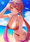  1girl bikini breasts cleavage eyewear_on_head gradient_hair grin hair_ribbon heart heart-shaped_eyewear heart_necklace heterochromia highres hololive houshou_marine large_breasts long_hair multicolored_hair ootsuka_you purple_hair red_bikini red_eyes red_hair red_ribbon ribbon side-tie_bikini smile solo swimsuit twintails very_long_hair virtual_youtuber yellow_eyes 