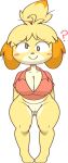  animal_crossing anthro big_breasts blonde_hair blush blush_stickers bottomless breasts butt_from_the_front canid canine canis cleavage clothed clothing cross-eyed derpybelle domestic_dog female genitals hair hi_res isabelle_(animal_crossing) looking_at_viewer mammal nintendo nipple_outline pussy question_mark shih_tzu shirt smile solo thick_thighs thigh_gap topwear toy_dog video_games vilepluff yellow_body 