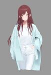  1girl :o absurdres coat collarbone cropped_legs green_coat grey_background highres idolmaster idolmaster_shiny_colors long_hair looking_at_viewer osaki_amana pants red_hair shirt simple_background sketch solo straight_hair very_long_hair white_pants white_shirt yellow_eyes yu1127_illust 