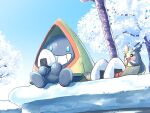  blue_eyes commentary_request day food grin holding morpeko morpeko_(full) mukiguri no_humans onigiri open_mouth outdoors pokemon pokemon_(creature) sitting sky smile snorunt teeth tongue tree 