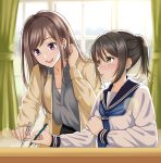  2girls adjusting_hair awazake_(2wairu) bangs black_skirt blue_neckerchief blue_sailor_collar blurry blurry_background blush brown_eyes brown_hair brown_jacket curtains desk earrings grey_shirt hand_up highres holding holding_pencil indoors jacket jewelry leaning_forward long_hair long_sleeves multiple_girls neckerchief original parted_lips pencil ponytail purple_eyes sailor_collar school_uniform serafuku shirt sitting skirt smile standing teacher teacher_and_student white_shirt window yuri 