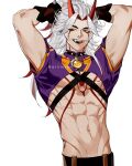  1boy abs arataki_itto body_markings bodypaint bracelet choker eriimyon genshin_impact gloves highres horns jewelry licking_lips long_hair male_focus midriff navel oni oni_horns red_eyes red_horns sleeveless solo spiked_bracelet spiked_choker spikes tongue tongue_out twitter_username white_background white_hair 