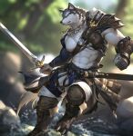  2022 5_fingers abs anthro black_nose blurred_background canid canine canis chest_fur clothed clothing fingers footwear fur hi_res holding_object holding_sword holding_weapon jewelry kazashino male mammal melee_weapon muscular muscular_male necklace signature solo sword weapon white_body white_fur white_tail wolf yellow_eyes 