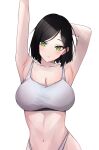  1girl absurdres arm_up armpits arms_behind_head bangs black_hair bob_cut bra breasts cleavage closed_mouth green_eyes highres looking_at_viewer navel panties short_hair simple_background slowinfinity solo underwear valorant viper_(valorant) white_background white_bra white_panties 