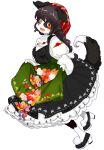  2017 amber_eyes anthro black_body black_clothing black_dress black_fur black_hair black_nose canid canine canis clothing domestic_dog dress female flower fur green_apron hair looking_at_viewer mammal open_mouth plant simple_background smile solo uri880 white_background white_body white_fur 