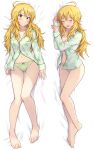  1girl absurdres ahoge bare_legs barefoot blonde_hair breasts cleavage commentary_request dakimakura_(medium) green_pajamas green_panties highres hoshii_miki idolmaster large_breasts long_hair long_sleeves multiple_views navel on_bed pajamas panties shuucream_(syuichi) solo unbuttoned unbuttoned_shirt underwear white_background 
