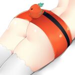  1girl ass ass_focus back bird chick close-up from_behind highres hololive hololive_english kuroeart lower_body lying microskirt miniskirt no_panties on_stomach shiny shiny_skin simple_background skirt solo takanashi_kiara thighhighs thighs virtual_youtuber white_background 