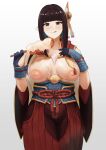  1girl bangs black_gloves black_hair blunt_bangs breasts breasts_out brown_eyes dango fewer_digits food gloves hair_ornament hakama highres hime_cut hinoa hip_vent holding holding_food inverted_nipples japanese_clothes large_breasts licking_lips long_hair mikamata monster_hunter_(series) monster_hunter_rise partially_fingerless_gloves pointy_ears red_hakama sidelocks solo tongue tongue_out wagashi wide_sleeves 